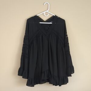 12W Roaman's Black Ruffle Flowy Tunic Length Top Shirt